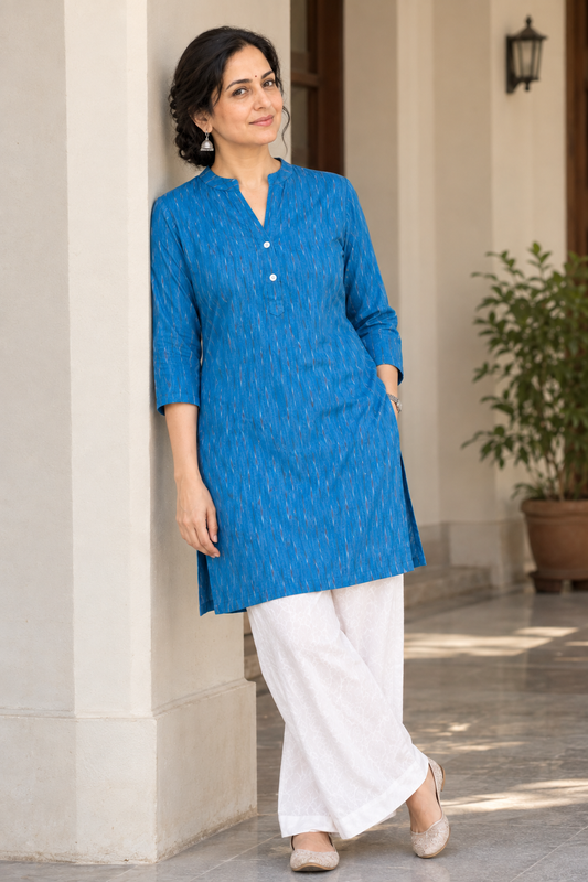 Handwoven Sky Blue Ikat Short Kurti with Shell Buttons