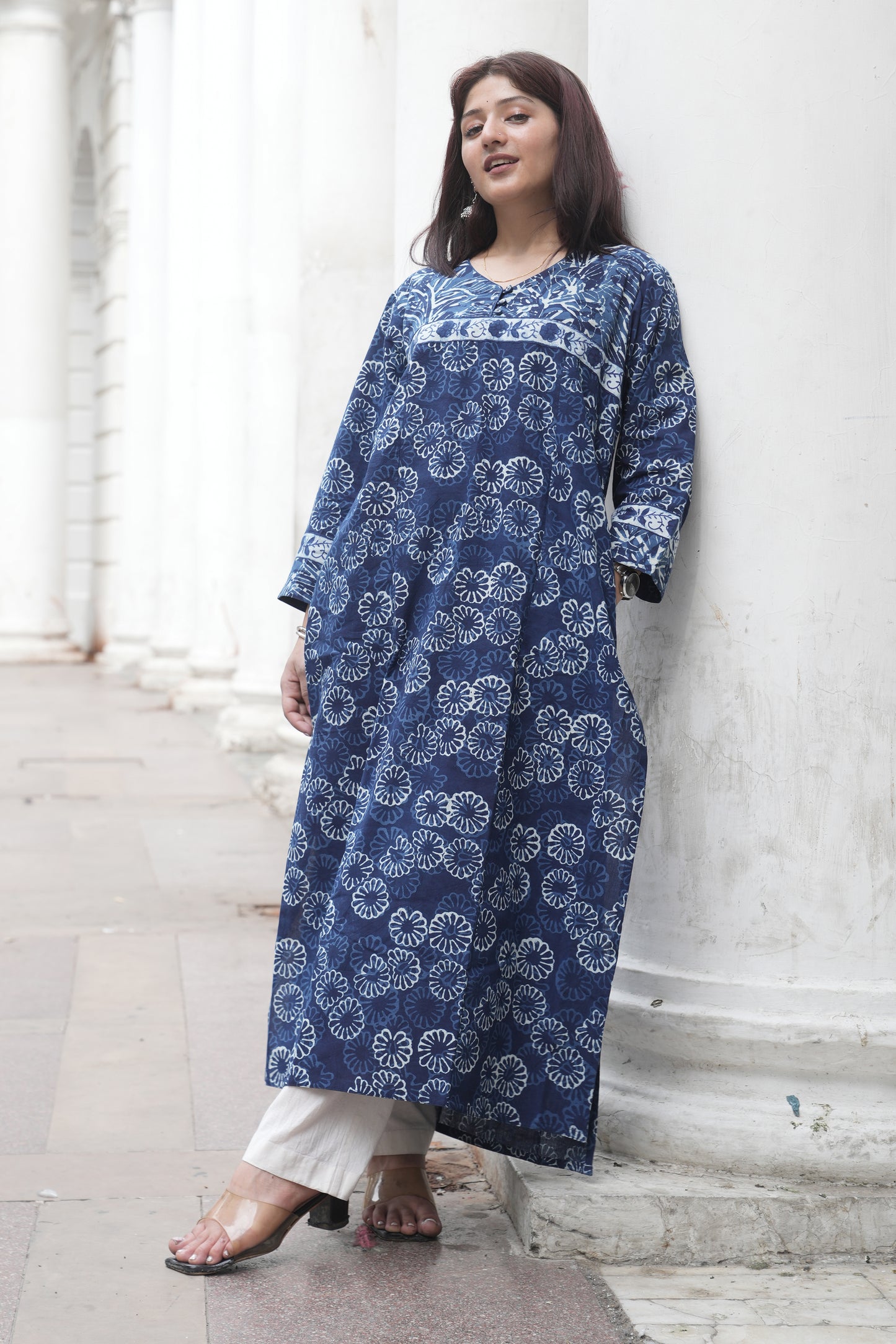 Indigo Dabu Hand Block Printed Straight Cotton Kurta for Women