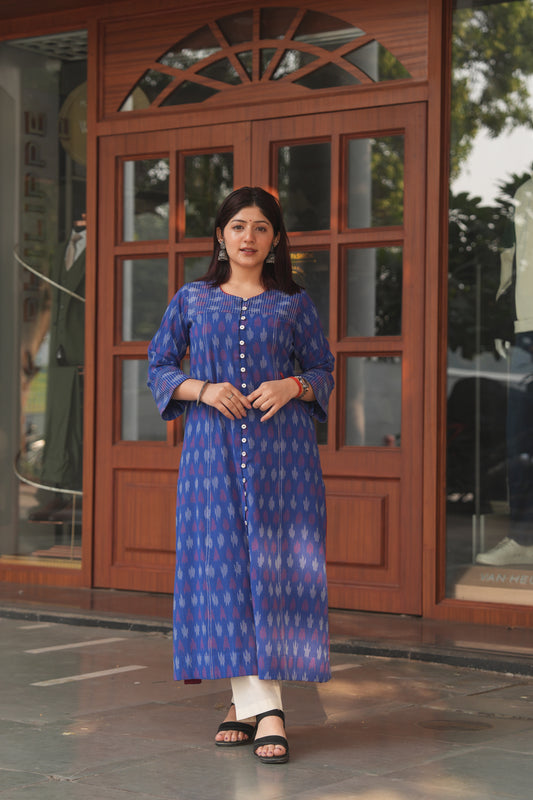 Blue Handloom Ikat Cotton Kurta for Women – Soft, Breathable & Everyday Wear