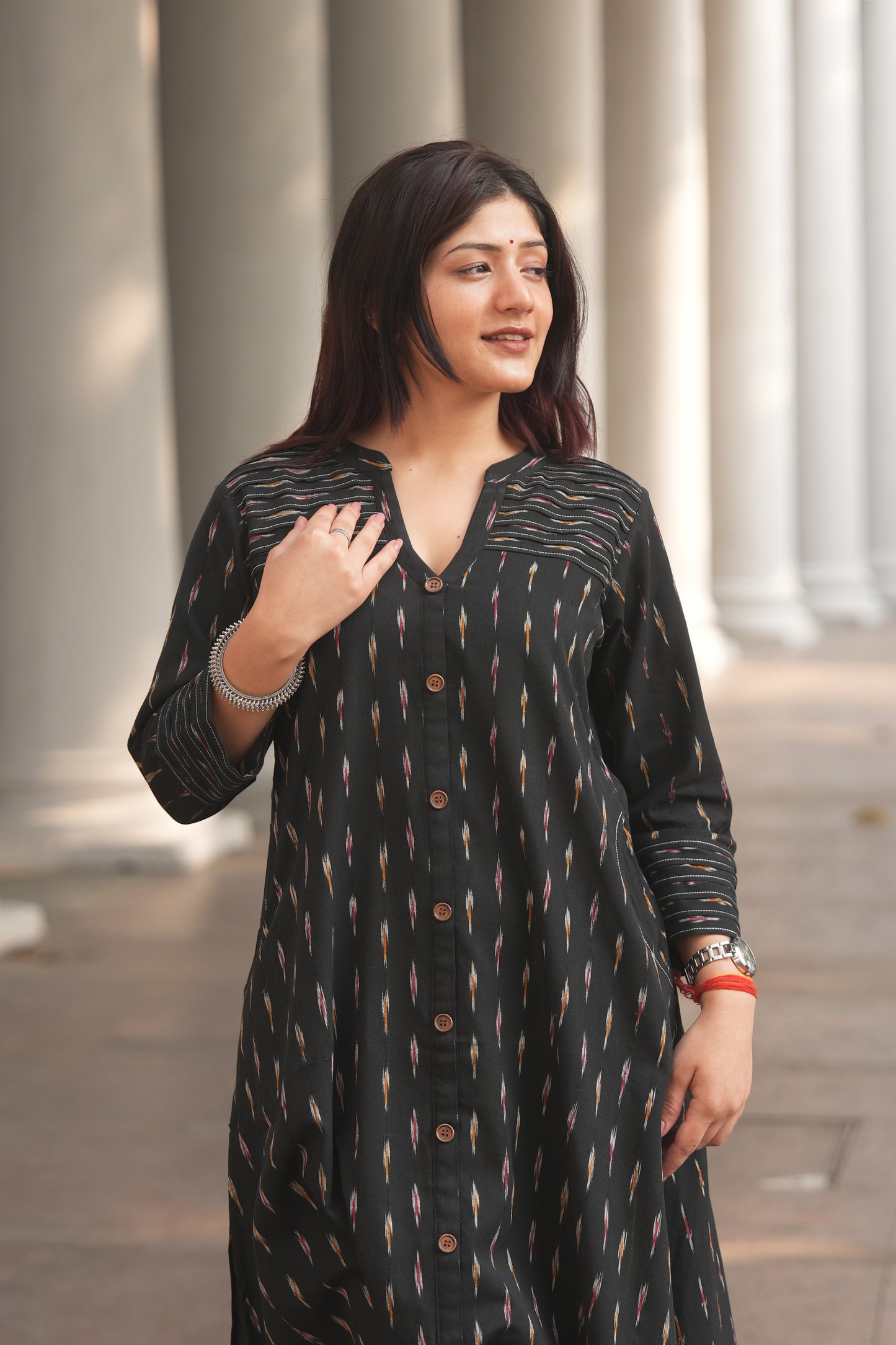 Black Ikat A-Line Front-Open Cotton Kurta for Women – Handloom Style & Everyday Comfort