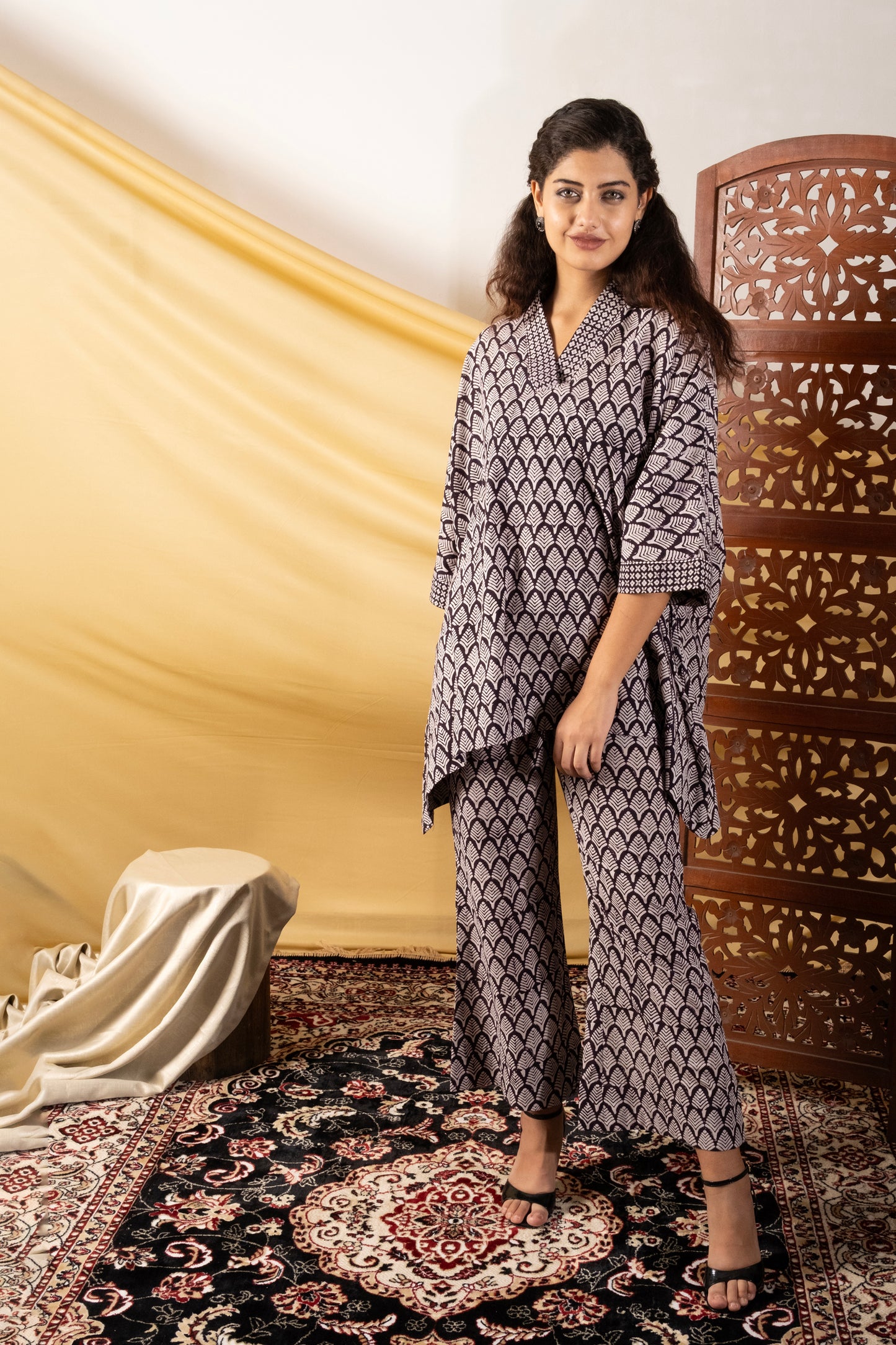 Gulmohar, BAGH Co-ord Set in black and white print.