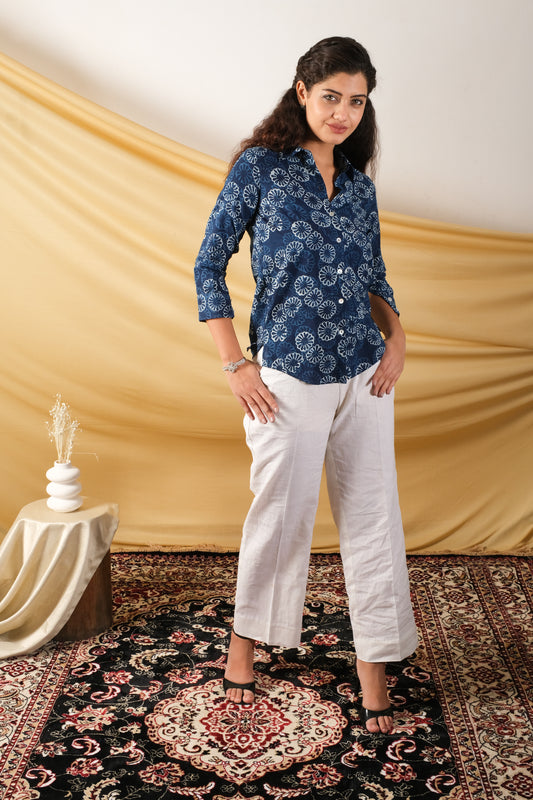Indigo Bloom Dabu Cotton Shirt