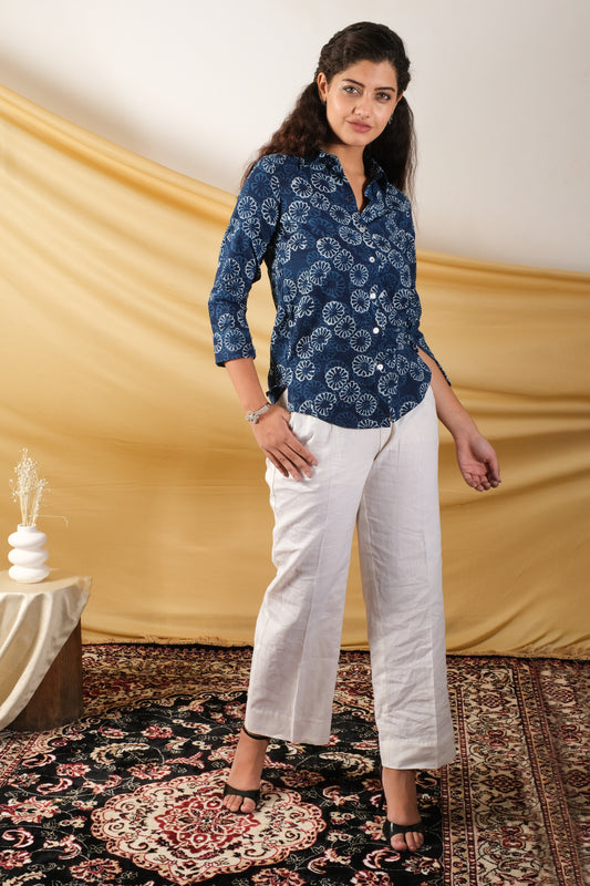 Indigo Bloom Dabu Cotton Shirt