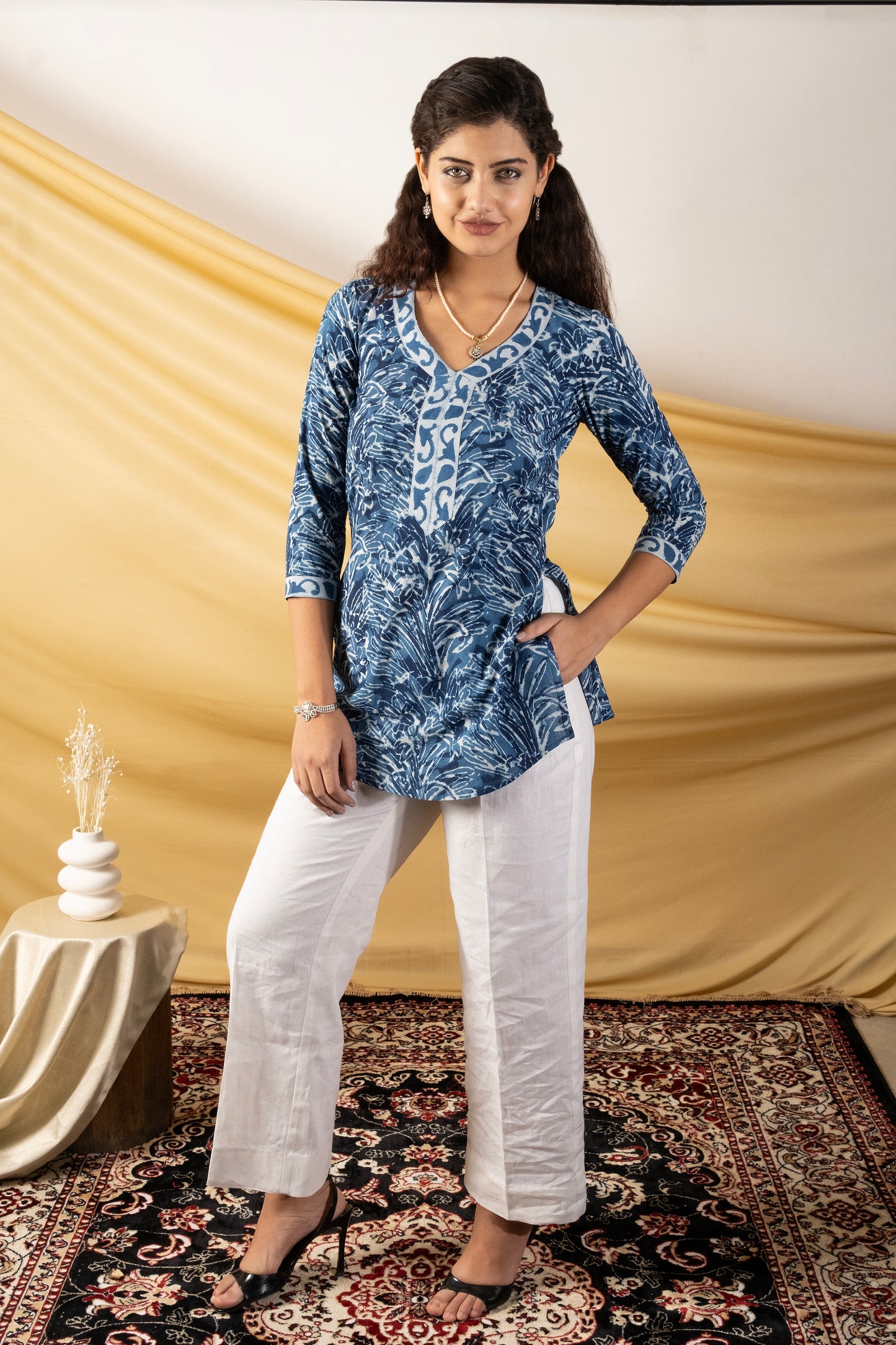 Indigo V neck hand printed short kurta