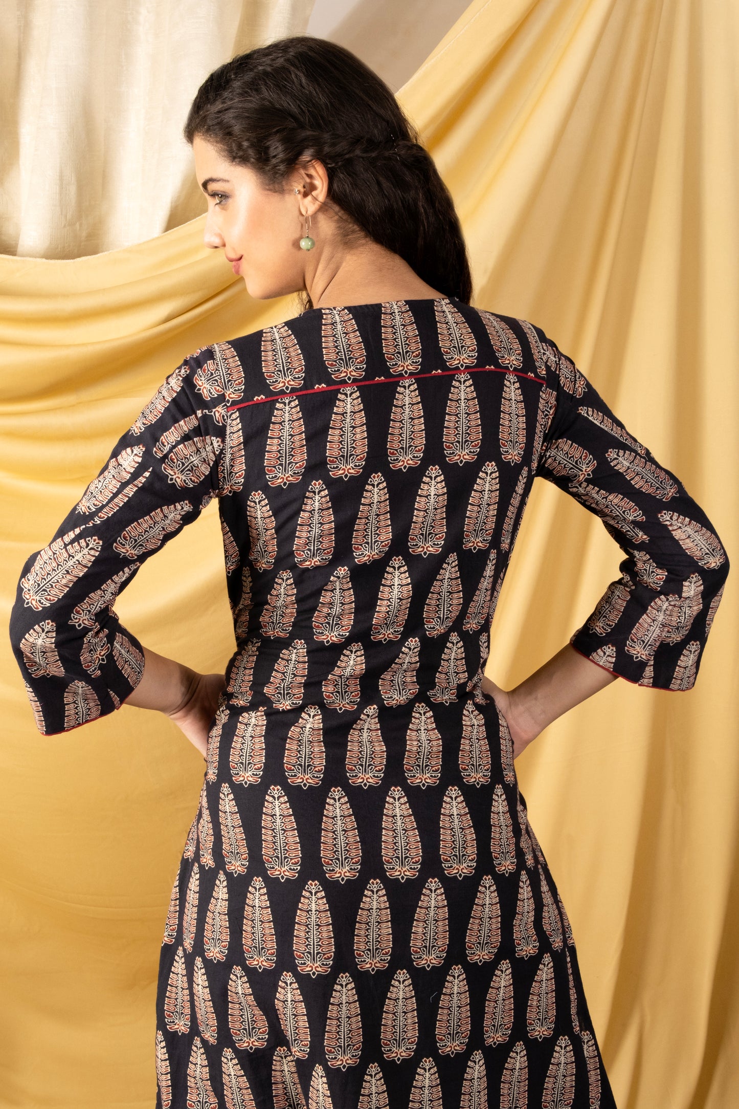 Black Bagh print A line kurti with pockets on both sides