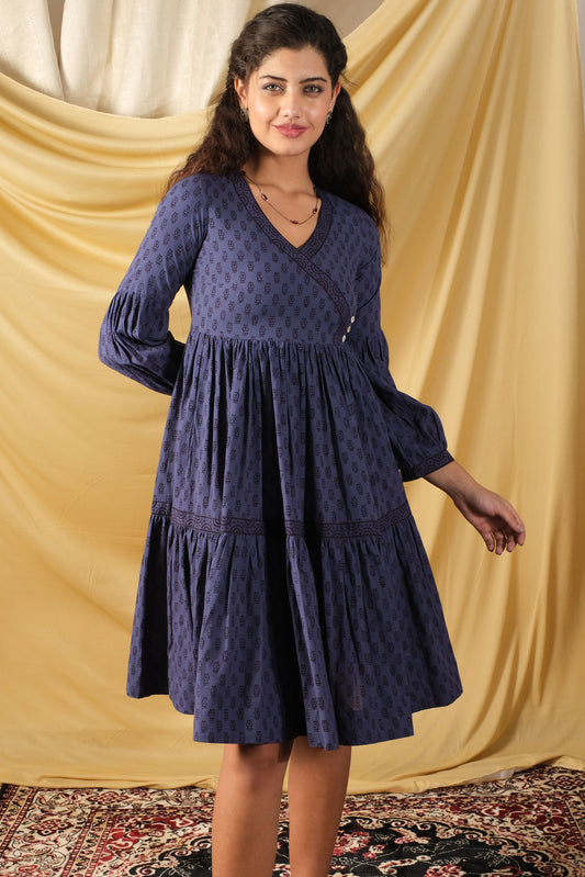 Hoor, Mid-length, bagh-print, indigo dress with two side pockets