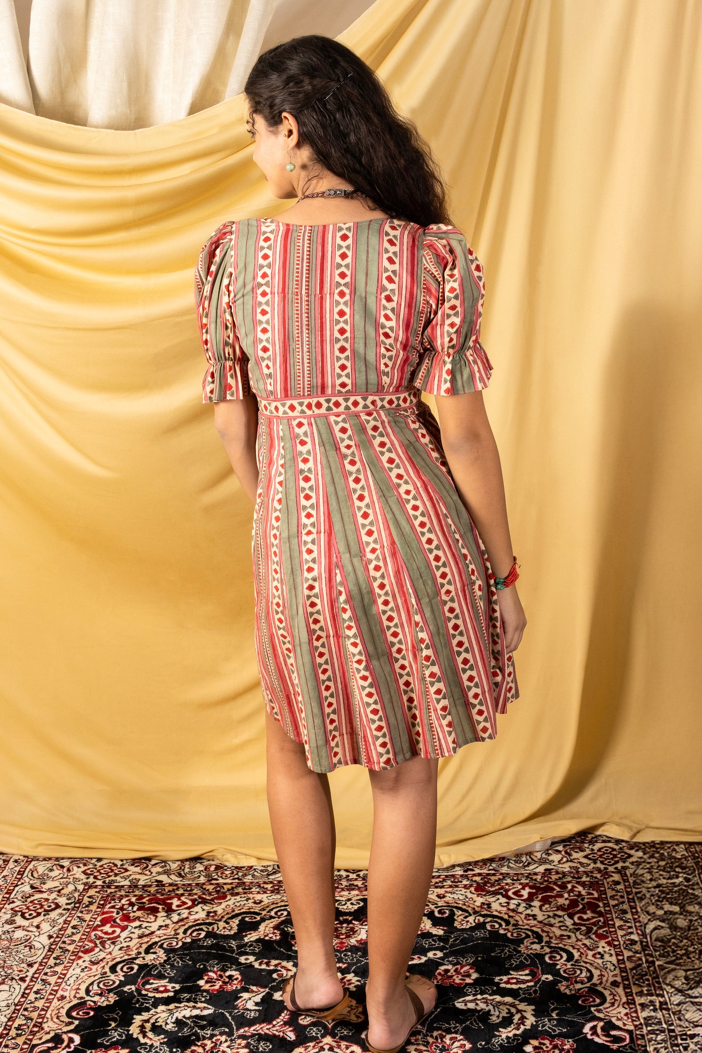 Angarkha style cotton knee length dress with puff sleeve