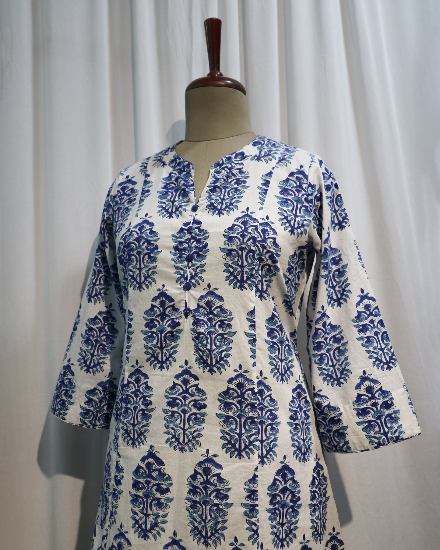 Blue Sanganeri Handblock Printed A-Line Cotton Kurta with Potli Buttons