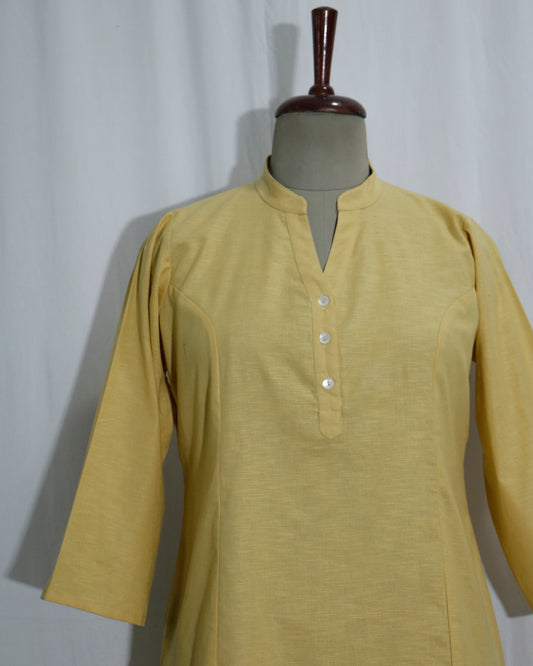 Lilen Beige Short Kurta with Kurta Patti & Shell Buttons