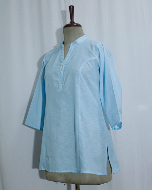 Lilen sky blue Short Kurta with Kurta Patti & Shell Buttons