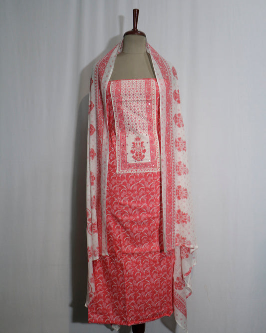 Pink Floral printed Cotton 3 piece Suit Set with mul-mul Dupatta