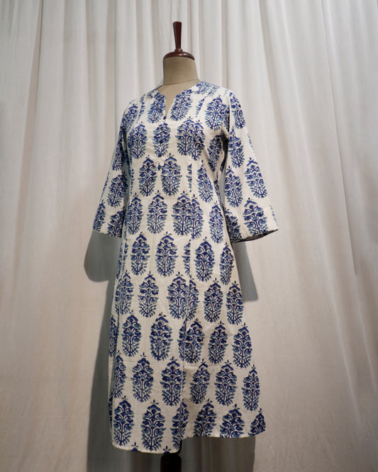 Blue Sanganeri Handblock Printed A-Line Cotton Kurta with Potli Buttons