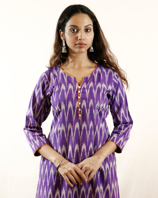 Purple Dawn Ikat Suit Set – Purple kurta with orange pant & shaded dupatta (purple-orange)
