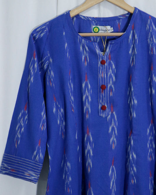 Handwoven Blue Ikat Short Kurta with Threadwork Detailing