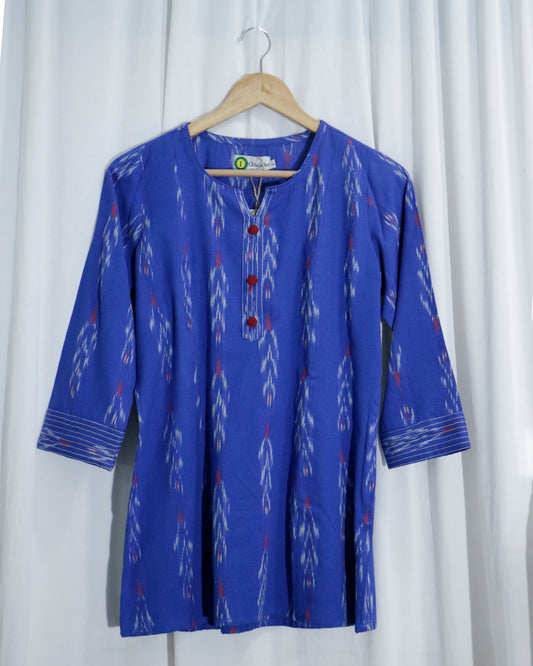 Handwoven Blue Ikat Short Kurta with Threadwork Detailing