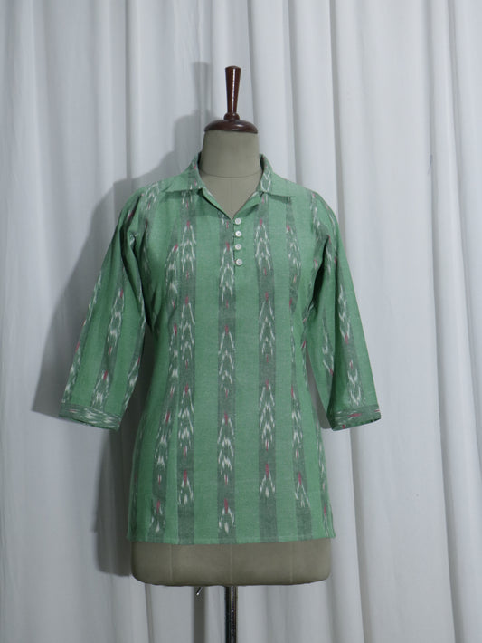 Handwoven Green Ikat Short Kurta with Coat Collar & Shell Buttons