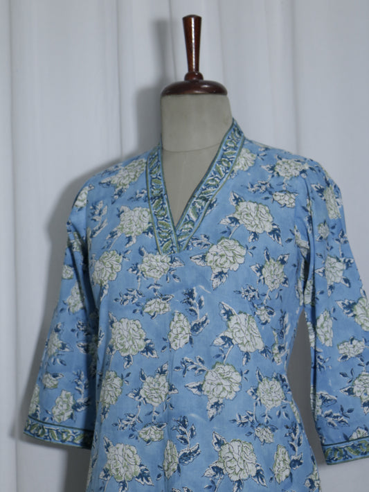 Sanganeri Handblock Printed Short Kurta with Halter Neck & Border Detailing