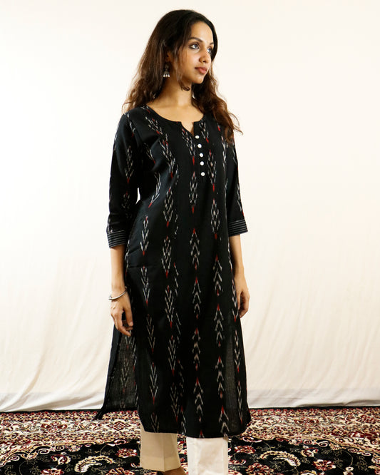 Black Ikat Handwoven Straight Fit Kurta with Thread Work & Shell Buttons