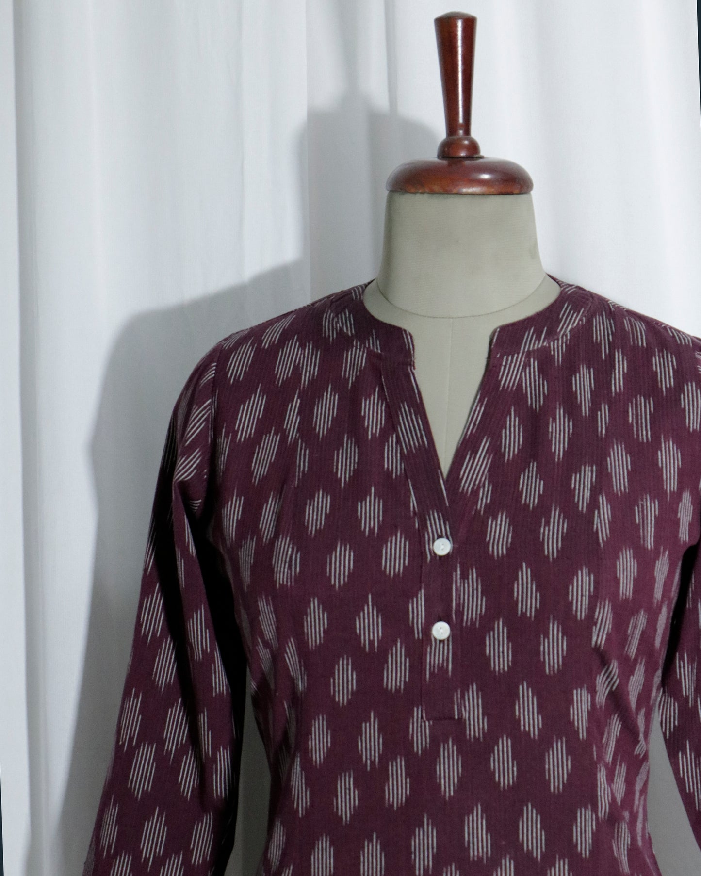 Handwoven Wine Ikat Short Kurta with Shell Button Detailing