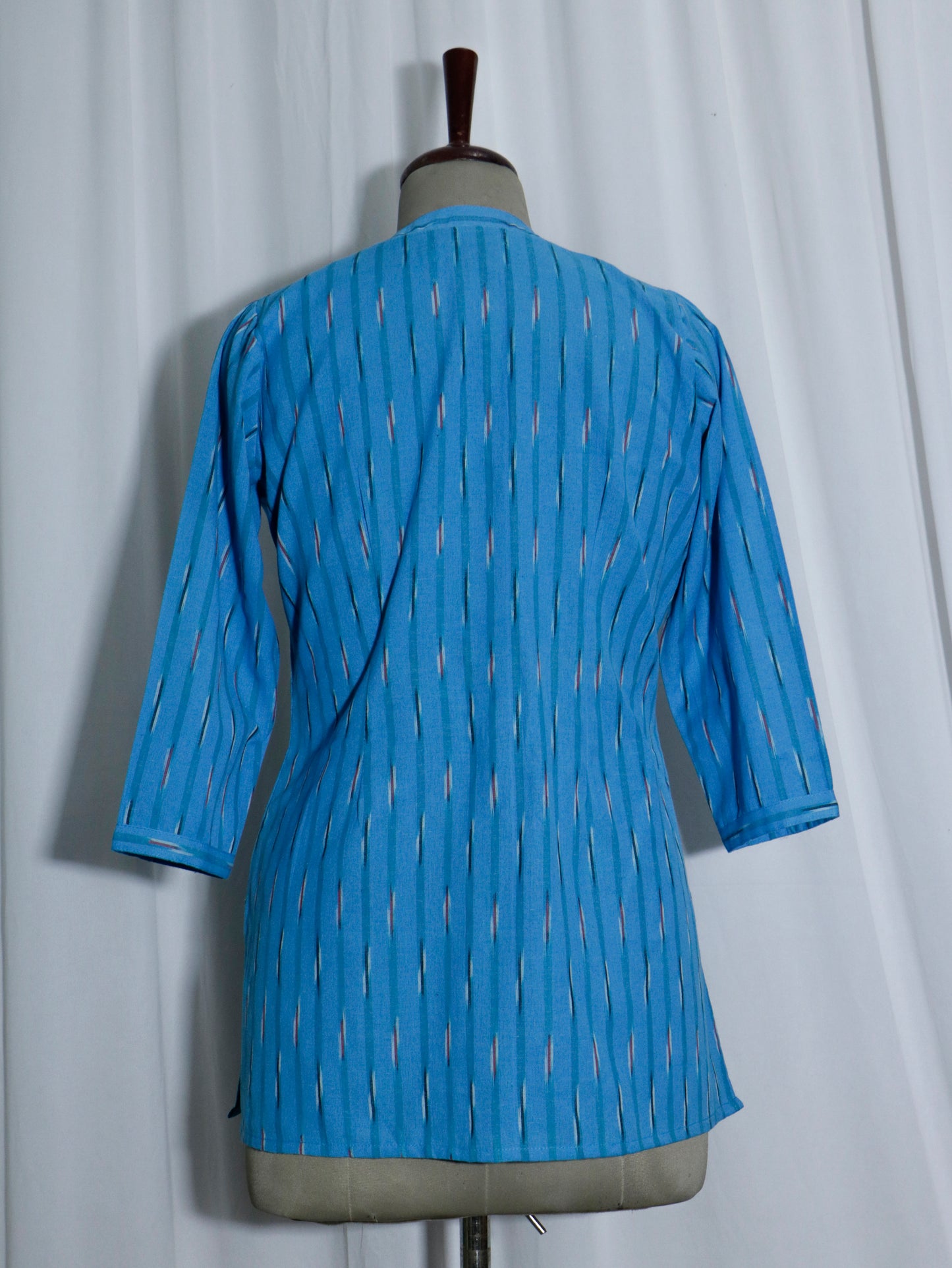Handwoven Sky Blue Ikat Short Kurti with Shell Buttons