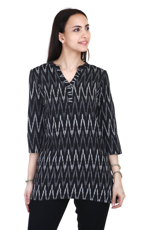 Black Handloom Ikat Cotton Short Kurta