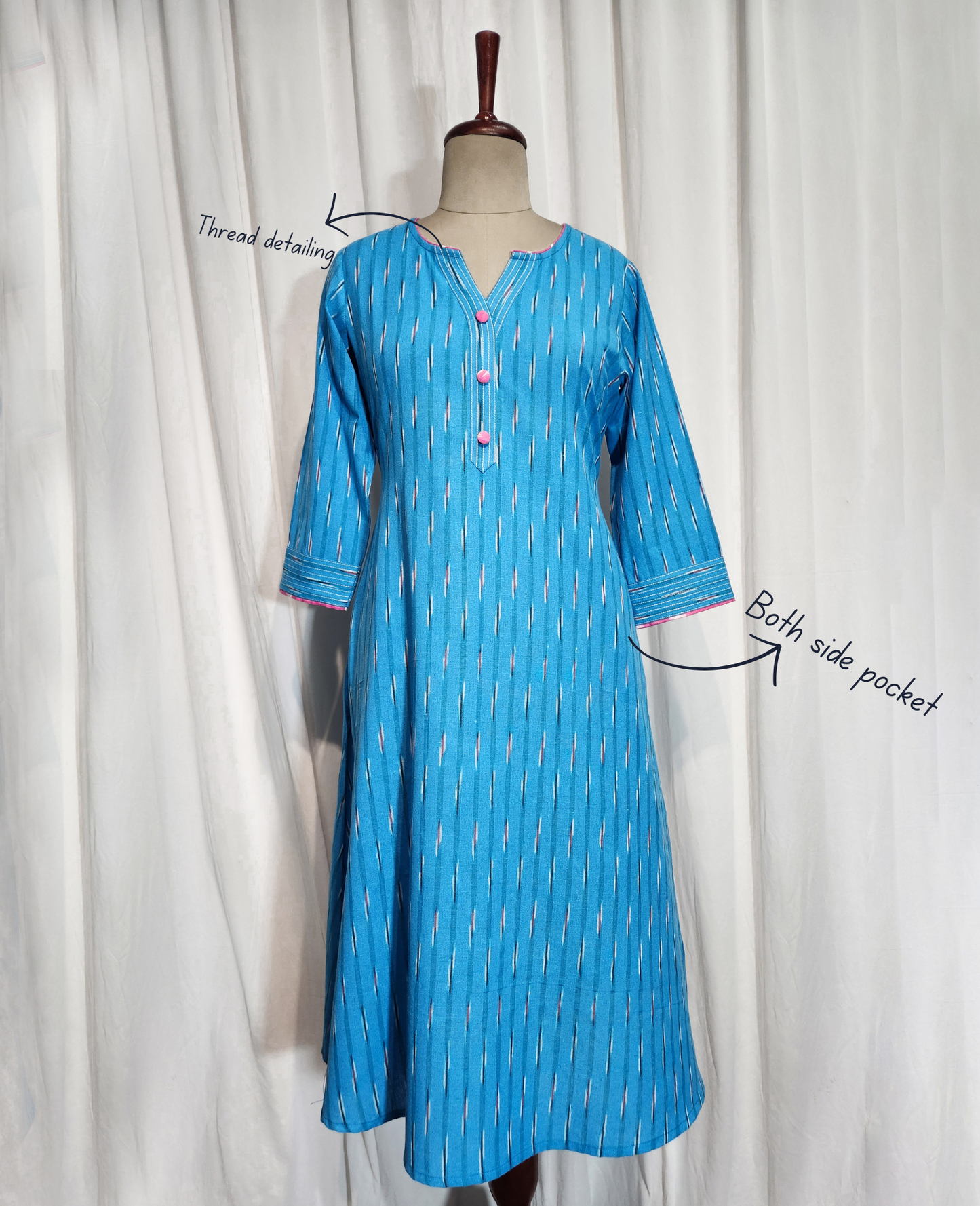 Blue Ikat Handwoven A-Line Cotton Kurta with Thread Work