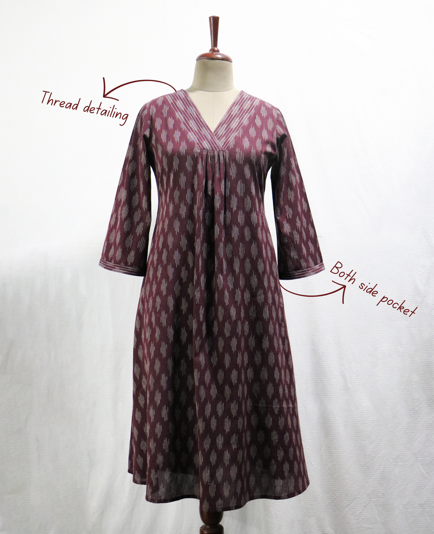 Wine Ikat Handwoven Cotton Kurta with Bell Sleeves