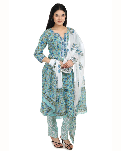Jaipuri Printed Cotton Suit Set with Mulmul Dupatta & Cotton Pants