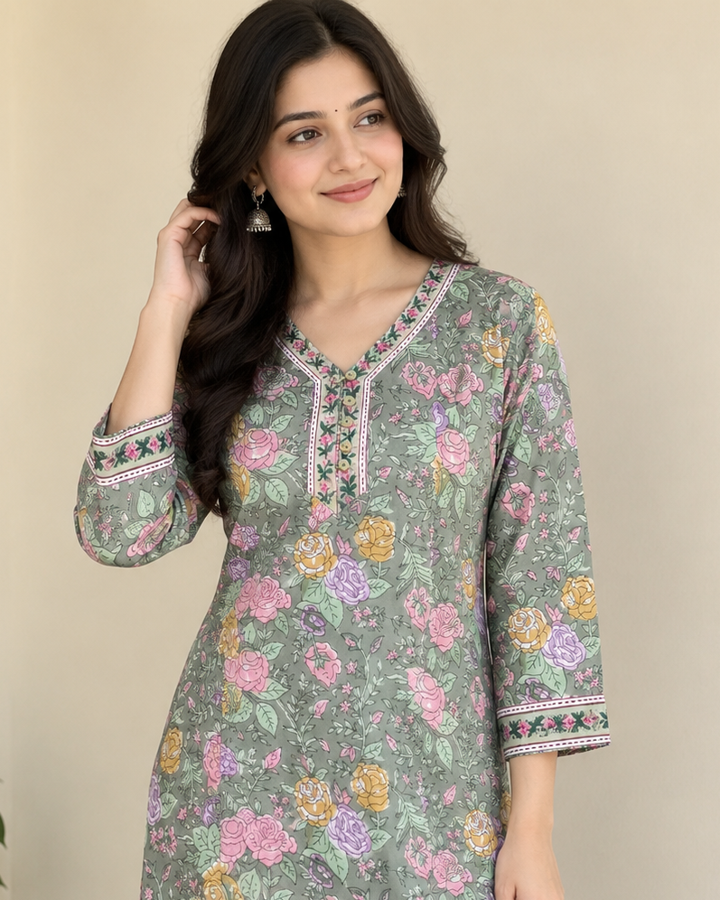 Sage Green Handprinted Floral Cotton Straight Fit Kurta with Side Pockets