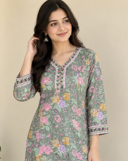 Sage Green Handprinted Floral Cotton Straight Fit Kurta with Side Pockets