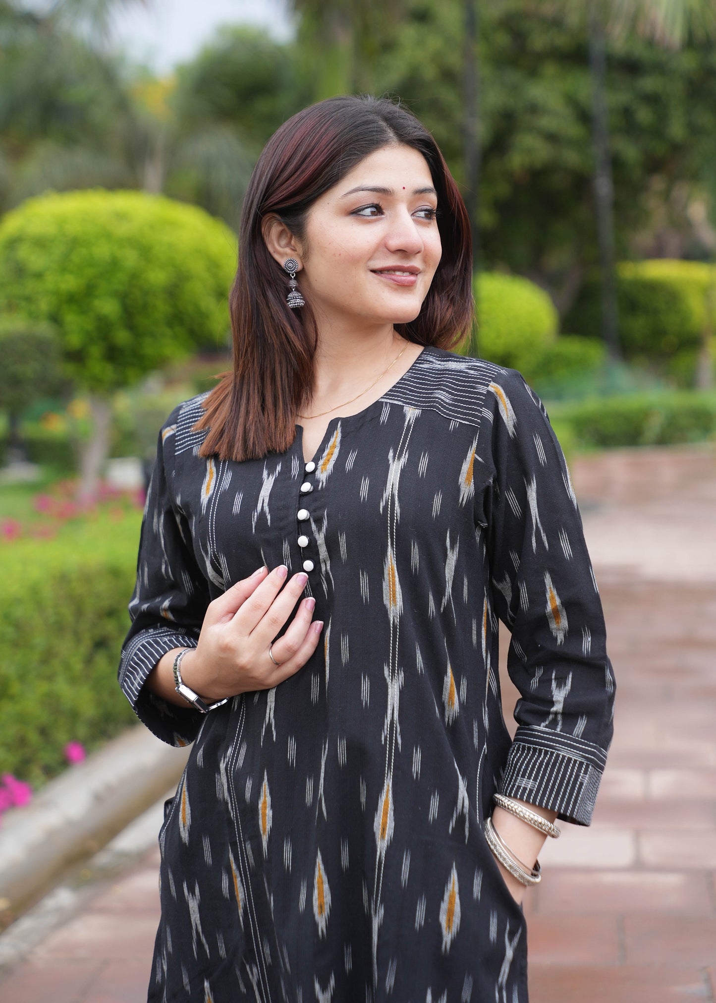 Black Handloom Ikat A-Line Kurta with Round V Neck & Loop Buttons