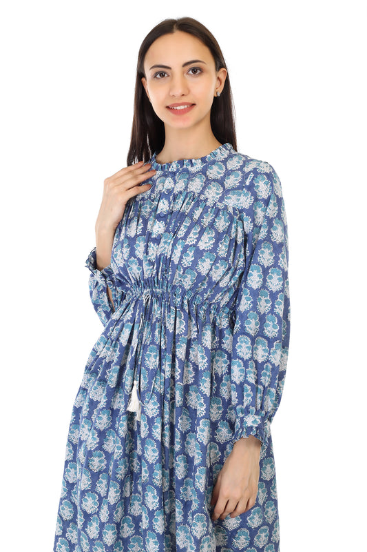 Leela, block printed calf length dress