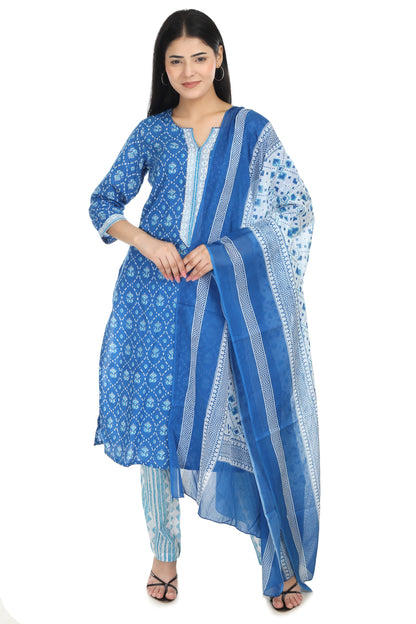 Blue Jaipuri Printed Cotton Suit Set with Mulmul Dupatta & Cotton Pants