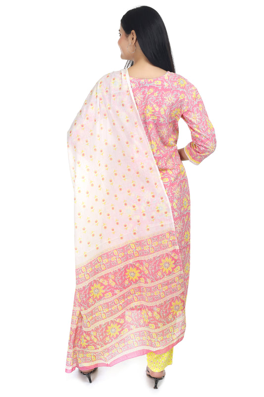 Pink Jaipuri printed cotton suit set, with mul-mul dupatta and cotton pant