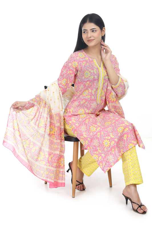 Pink Jaipuri printed cotton suit set, with mul-mul dupatta and cotton pant