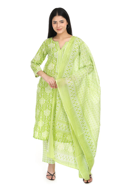 Light green, Jaipuri printed cotton suit set with mul-mul dupatta and cotton pant