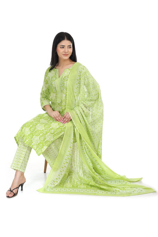 Light green, Jaipuri printed cotton suit set with mul-mul dupatta and cotton pant