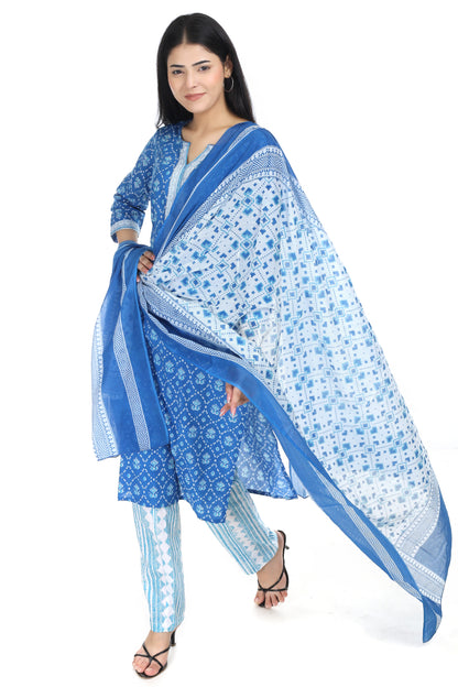 Blue Jaipuri printed cotton suit set