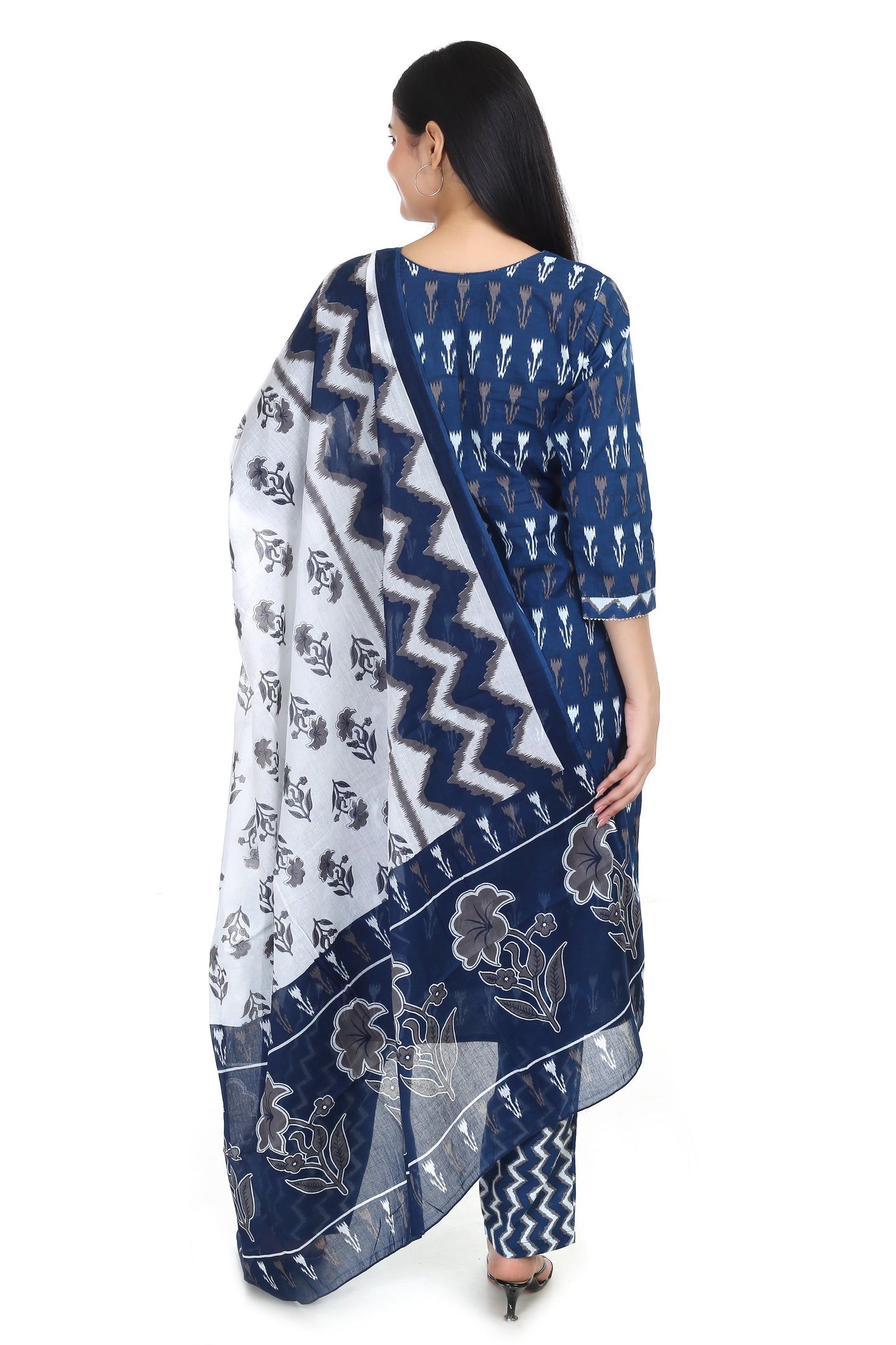 dark blue Jaipuri printed cotton suit set, with mul-mul dupatta and cotton pant