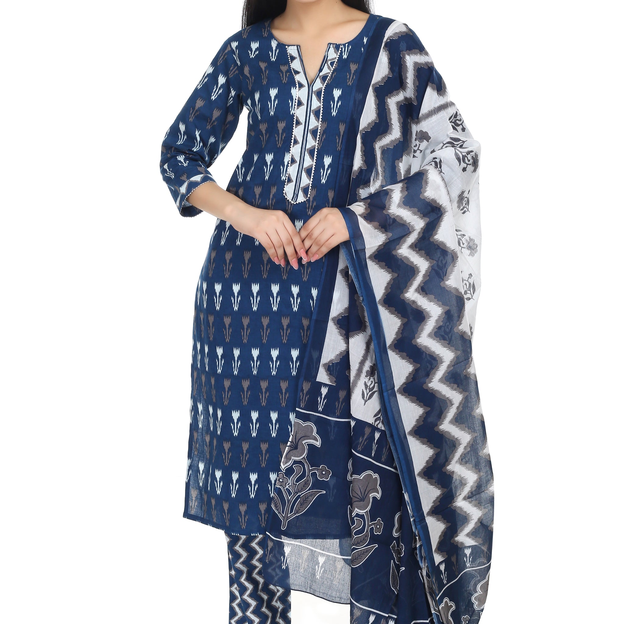 dark blue Jaipuri printed cotton suit set, with mul-mul dupatta and cotton pant