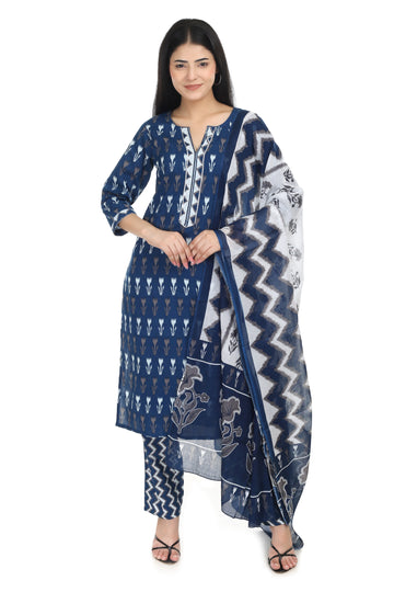 dark blue Jaipuri printed cotton suit set, with mul-mul dupatta and cotton pant