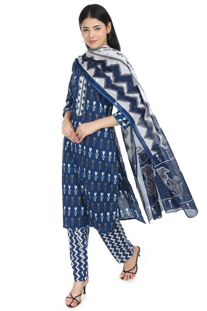 dark blue Jaipuri printed cotton suit set, with mul-mul dupatta and cotton pant
