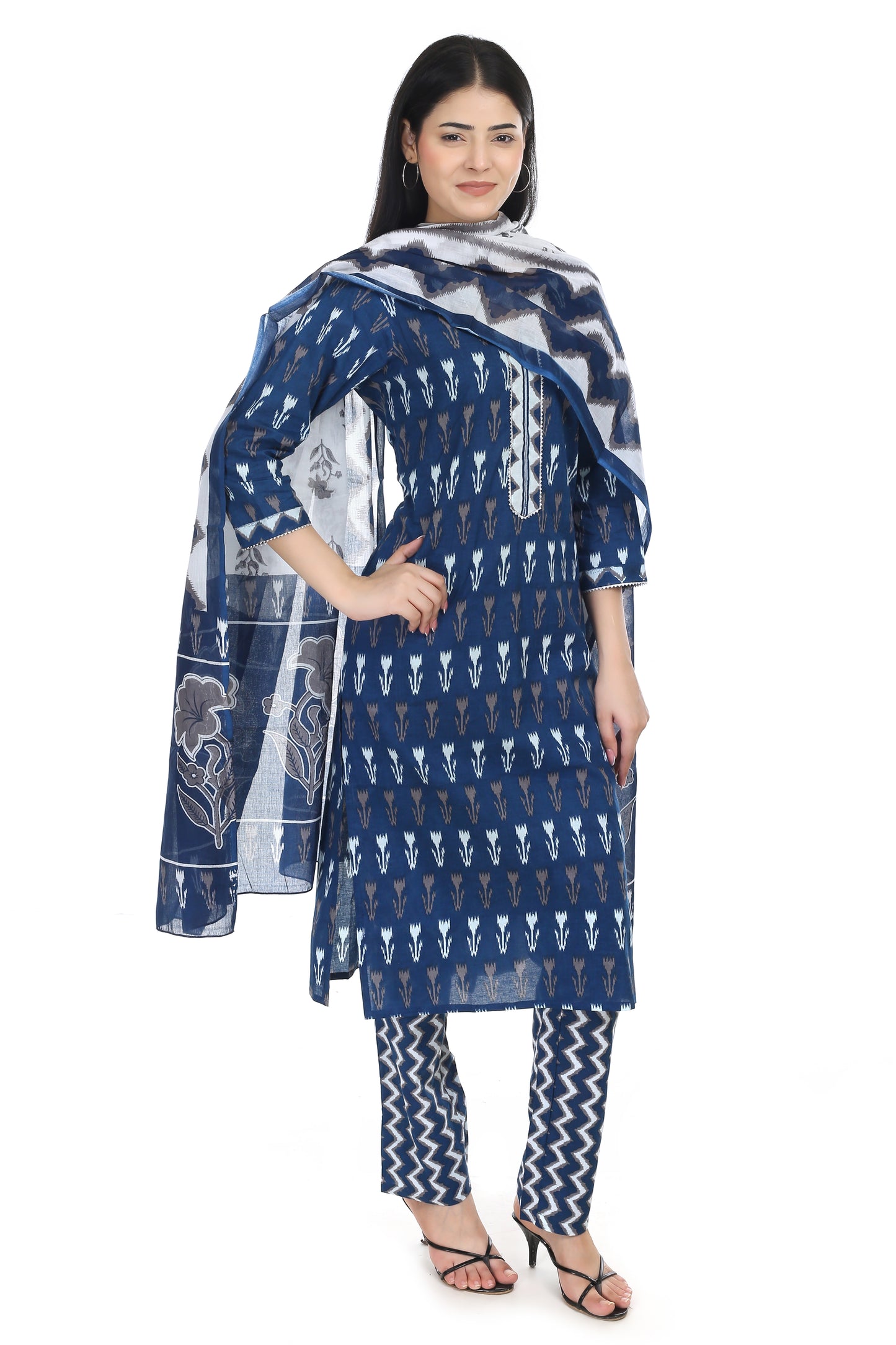dark blue Jaipuri printed cotton suit set, with mul-mul dupatta and cotton pant