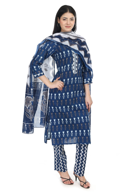 dark blue Jaipuri printed cotton suit set, with mul-mul dupatta and cotton pant