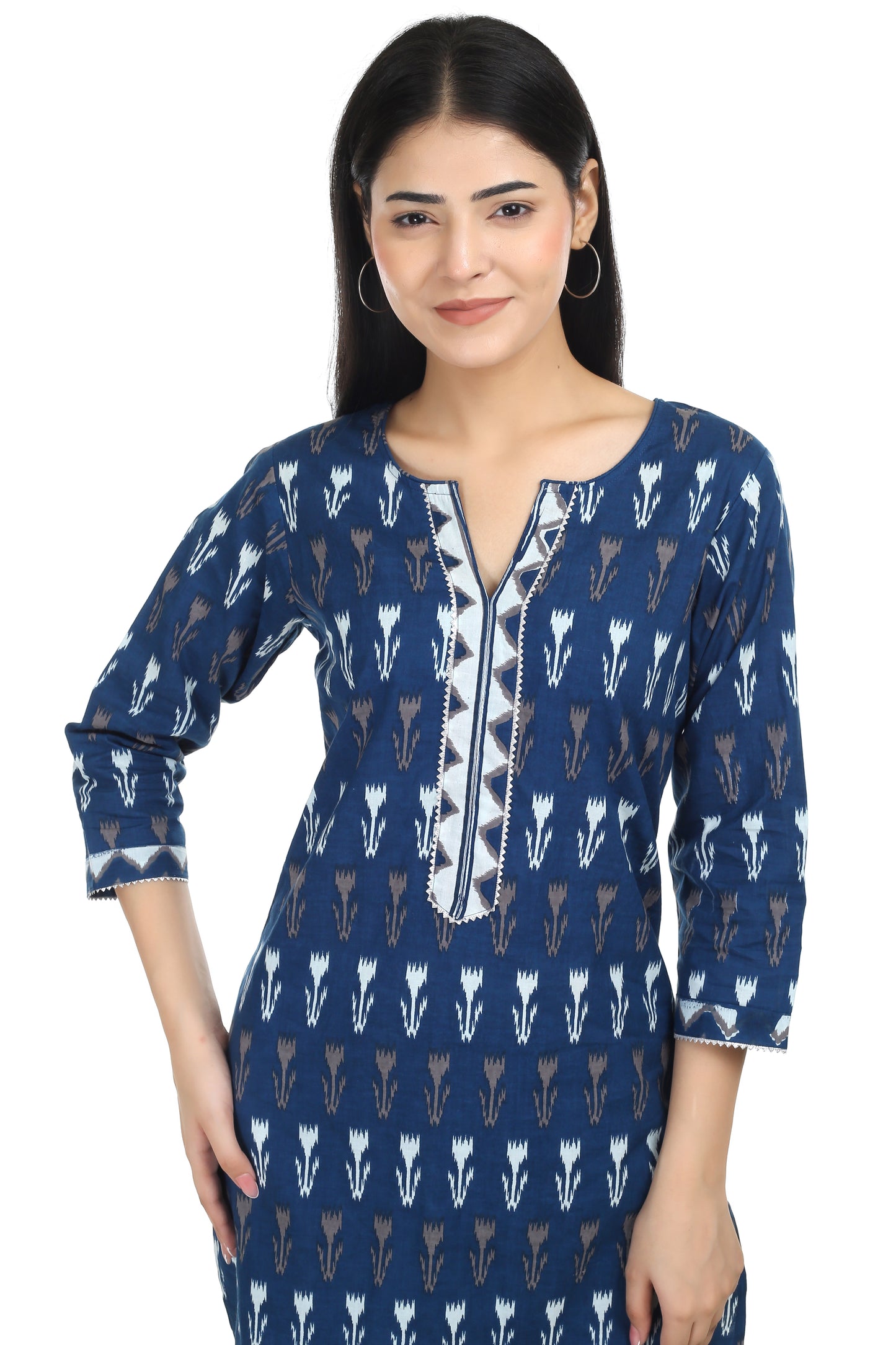 dark blue Jaipuri printed cotton suit set, with mul-mul dupatta and cotton pant