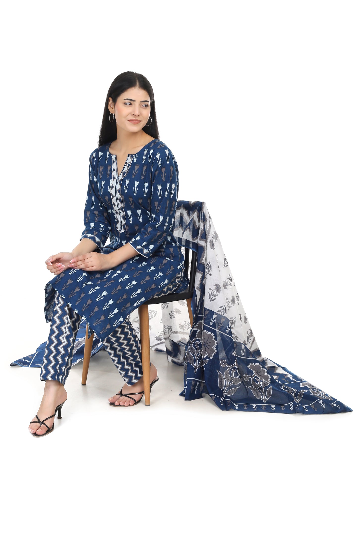 dark blue Jaipuri printed cotton suit set, with mul-mul dupatta and cotton pant