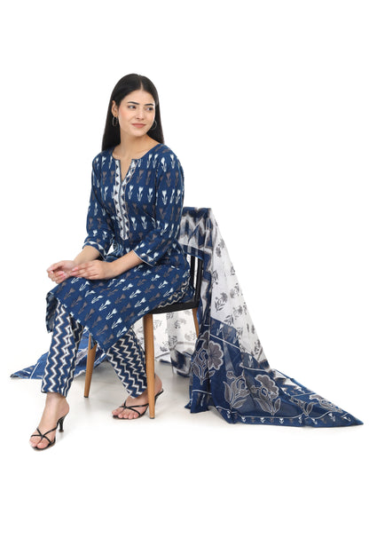 dark blue Jaipuri printed cotton suit set, with mul-mul dupatta and cotton pant