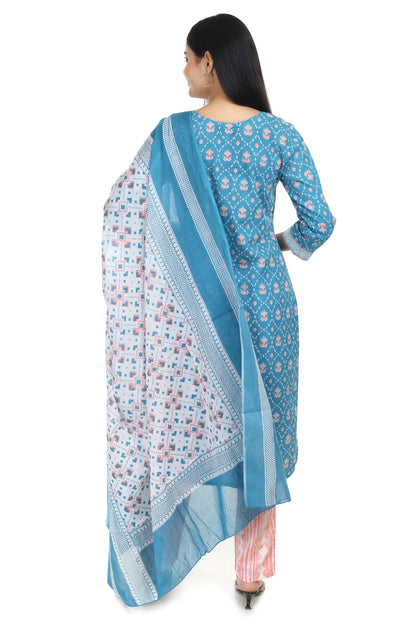 Sea green Jaipuri printed cotton suit set, with mul-mul dupatta and cotton pant