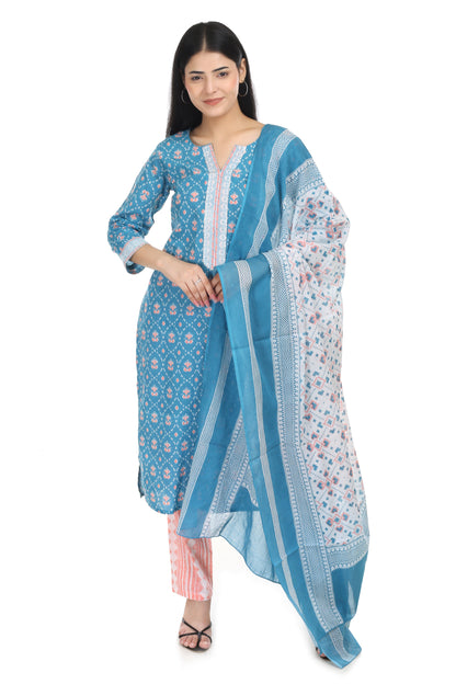 Sea green Jaipuri printed cotton suit set, with mul-mul dupatta and cotton pant