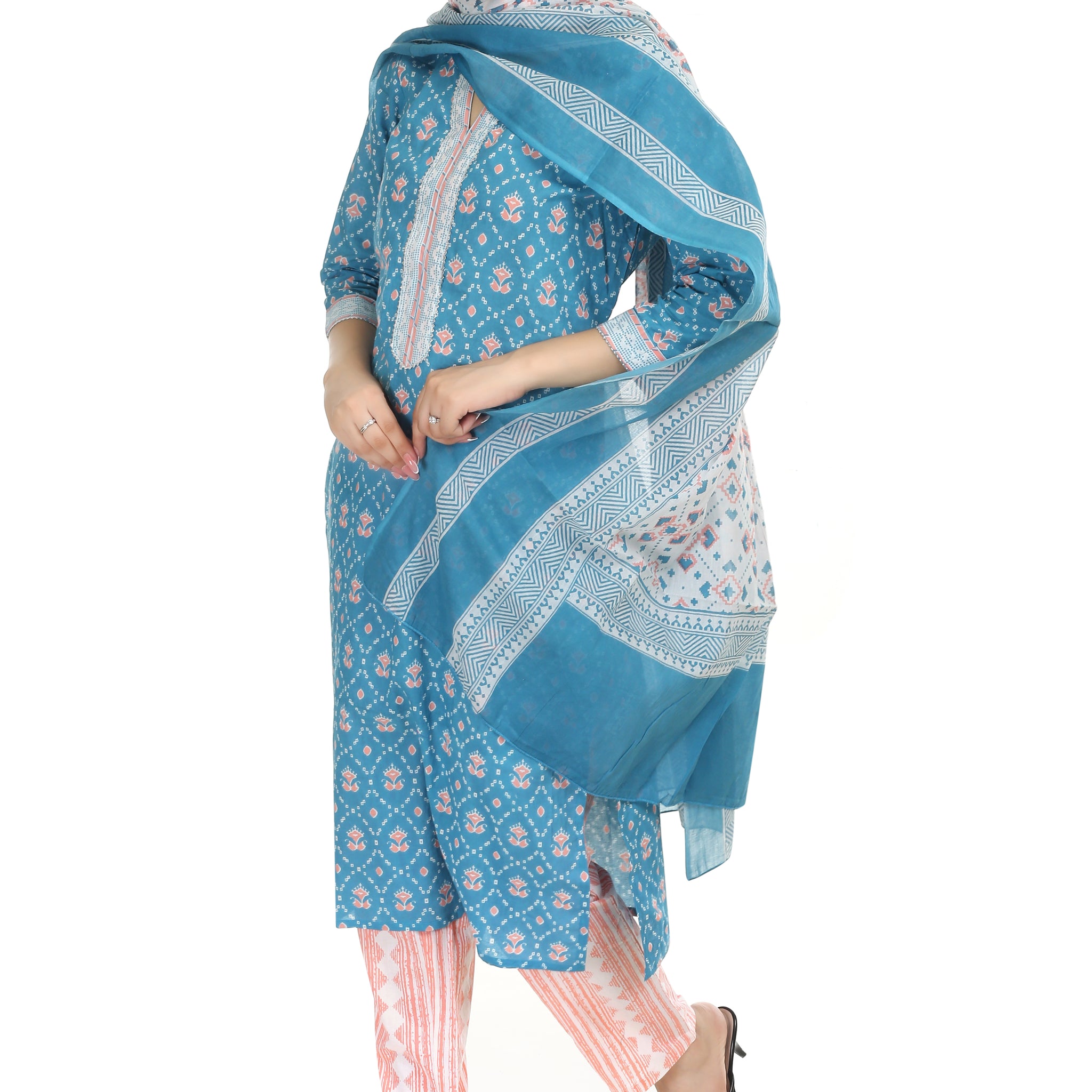 Sea green Jaipuri printed cotton suit set, with mul-mul dupatta and cotton pant